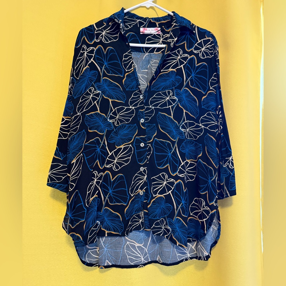 Ava Sky Black and Blue Kalo Pattern Button Down Shirt